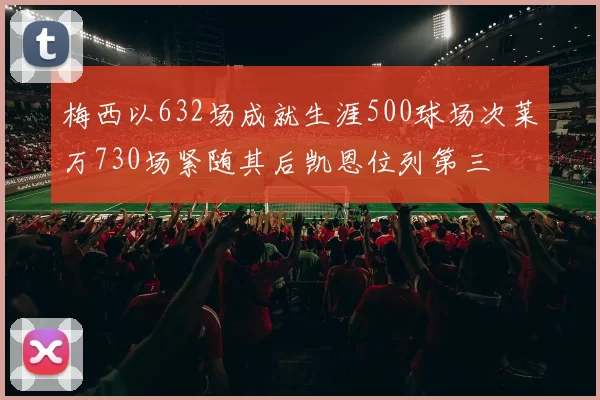 梅西以632场成就生涯500球场次莱万730场紧随其后凯恩位列第三